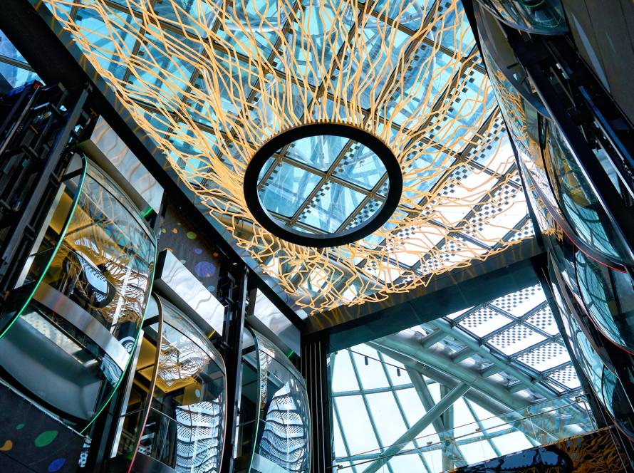 elevators and modern decor in the glass building
