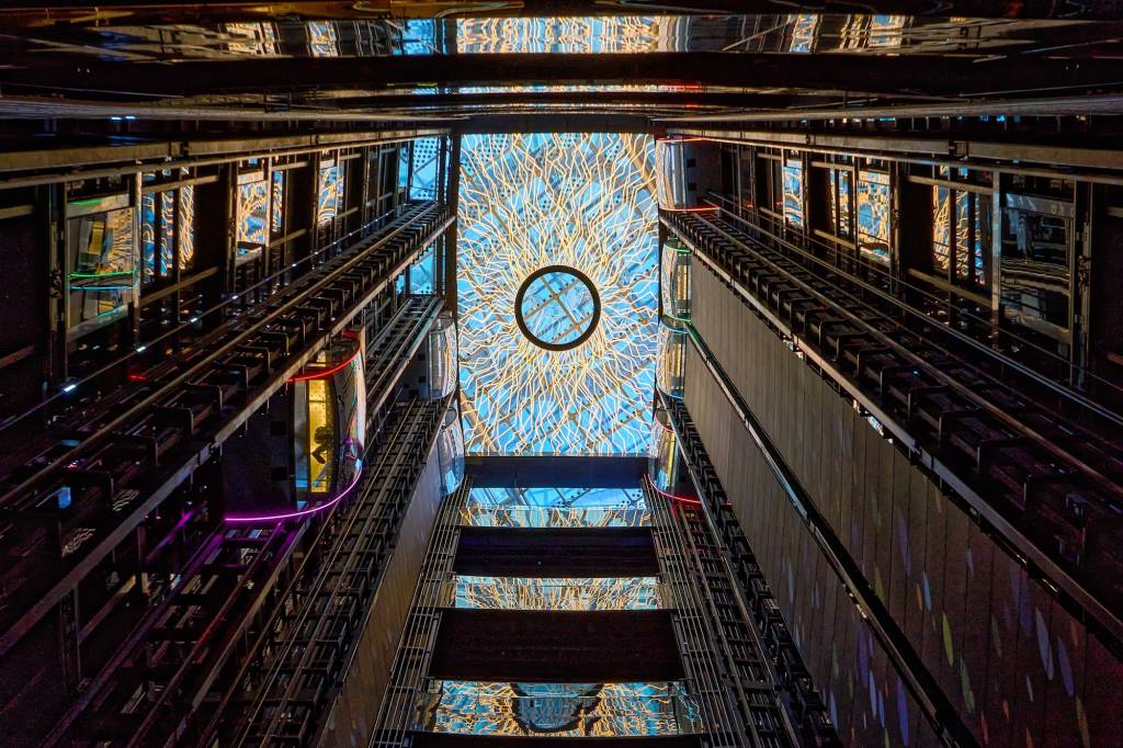 looking up through the elevator shaft